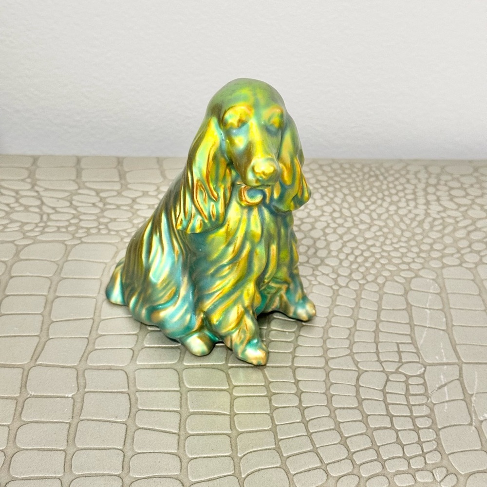 Vintage Zsolnay Eosin Green Iridescent Porcelain Golden Retriever Dog Figurine